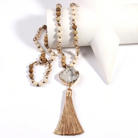 Luxe Druzy Beaded Glass Knot Tassel Long Wrap Necklace - Picture 5 of 7